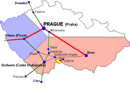 Schematic map of Czech Republic including the Czech Canada region